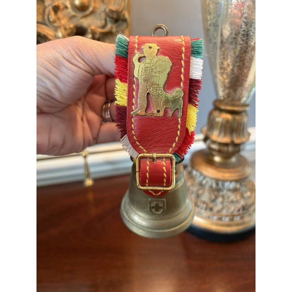 Vintage Swiss Souvenir Solid Brass Cow Bell Leather Fringe Strap 5" Tall